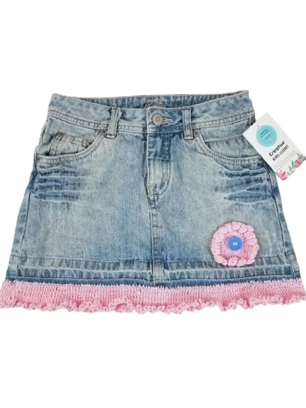 JUSTICE Refashioned Up-Cycled Crochet Jean Skirt With Crochet Flower - Girl's 8